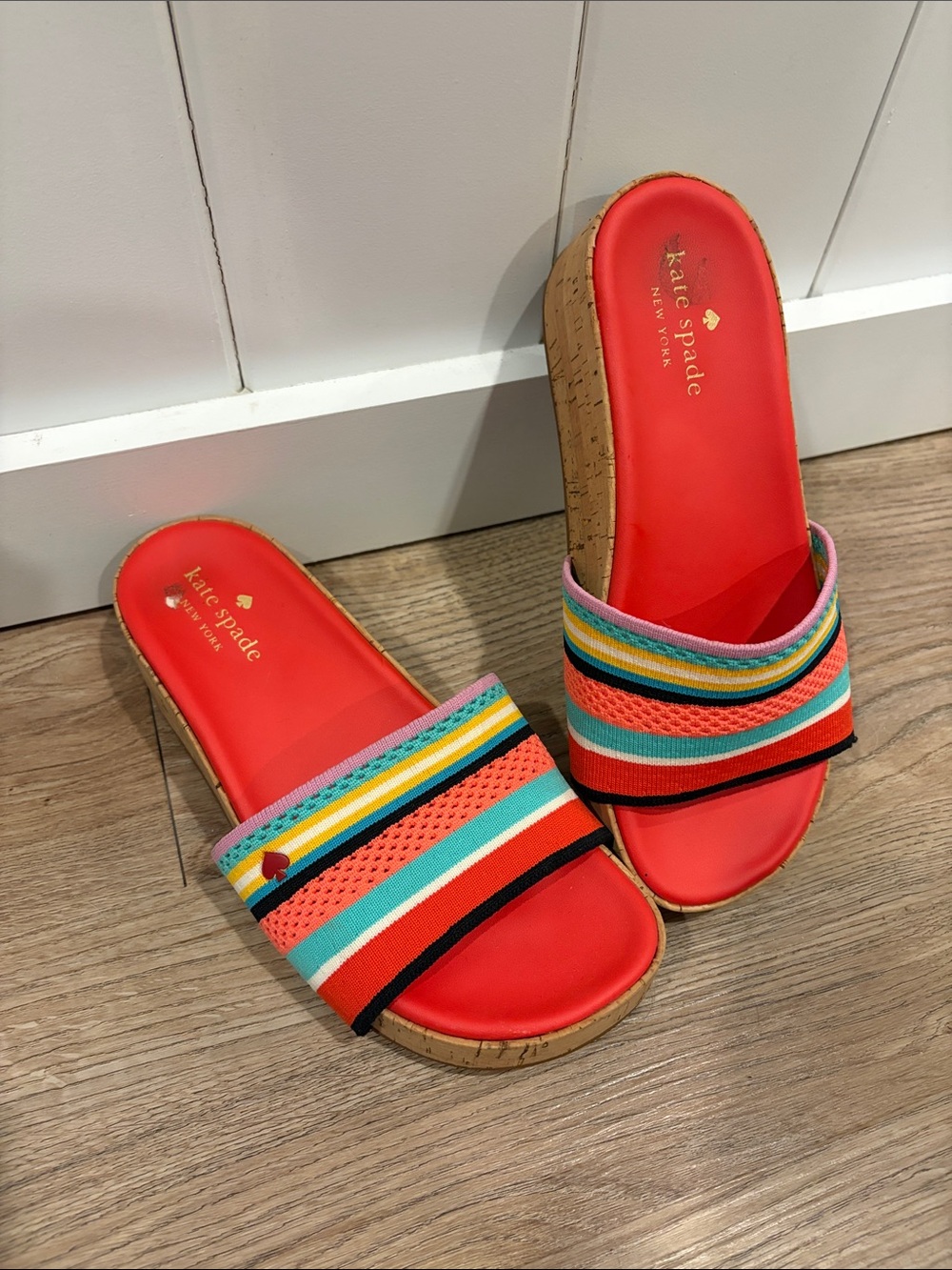 kate spade Red Multi-Stripe Cork Wedge Slides